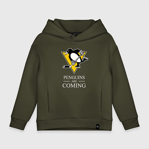 Детское худи оверсайз Penguins are coming, Pittsburgh Penguins, Питтсбур / Хаки – фото 1