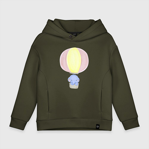 Детское худи оверсайз Милый Слонёнок На Воздушном Шаре / Хаки – фото 1