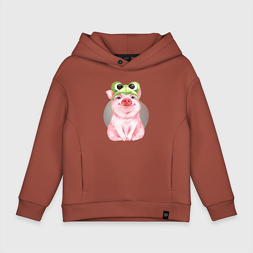 Детское худи оверсайз Милый поросенок в шапке-лягушке / Кирпичный – фото 1