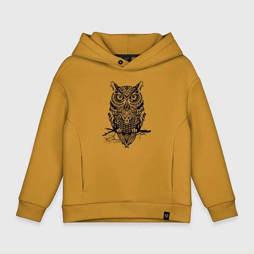 Детское худи оверсайз Черная сова в узорах / Горчичный – фото 1