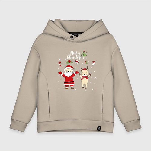 Детское худи оверсайз SANTA CLAUS WITH A DEER / Миндальный – фото 1