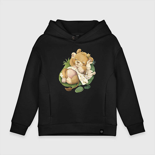 Детское худи оверсайз Львенок спит на травке / Черный – фото 1