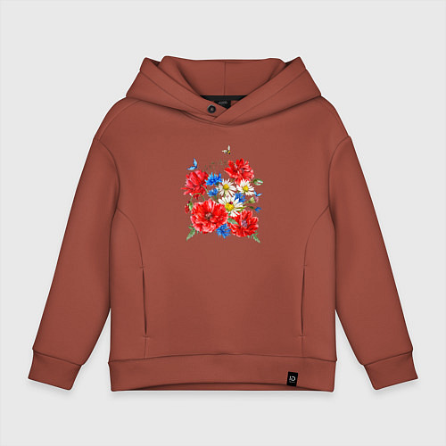 Детское худи оверсайз Летний букет мак василек ромашка цветы лето / Кирпичный – фото 1