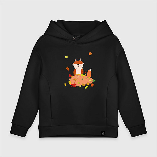 Детское худи оверсайз Рыжий лис в листьях / Черный – фото 1