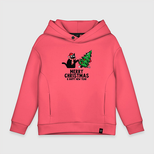 Детское худи оверсайз Кот роняет новогоднюю ёлку / Коралловый – фото 1