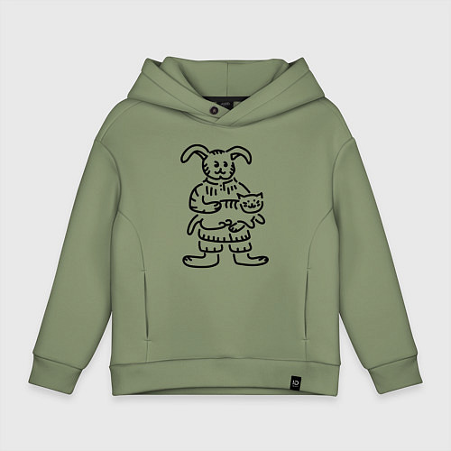 Детское худи оверсайз Кролик гладит кота / Авокадо – фото 1