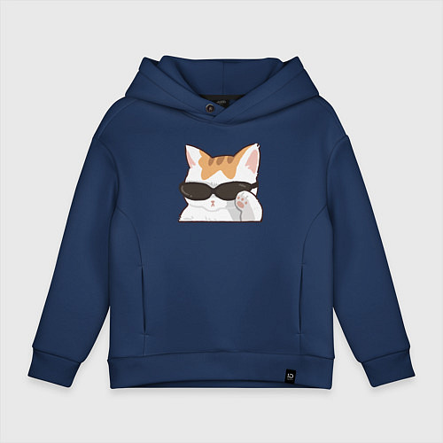 Детское худи оверсайз Бело-рыжий котик в очках / Тёмно-синий – фото 1