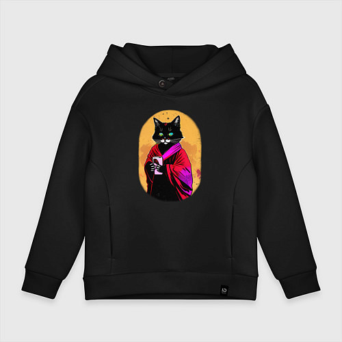 Детское худи оверсайз Бомбейская черная кошка с телефоном в лапках / Черный – фото 1