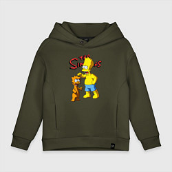 Толстовка оверсайз детская Барт Симпсон и Снежок - нейросеть - мультфильм, цвет: хаки
