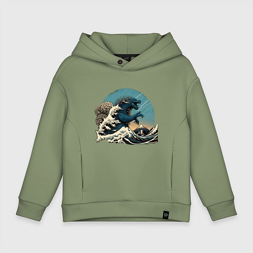 Детское худи оверсайз Годзилла в Большой волне у Канагавы / Авокадо – фото 1
