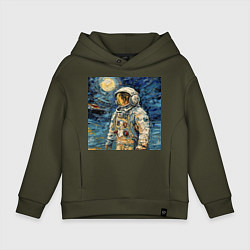 Толстовка оверсайз детская Космонавт на луне в стиле Ван Гог, цвет: хаки