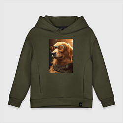 Толстовка оверсайз детская Золотистый ретривер в золотых очках, цвет: хаки
