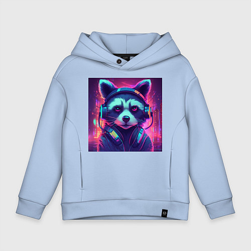 Детское худи оверсайз Антропоморфный енот в наушниках на фоне киберпанк- / Мягкое небо – фото 1