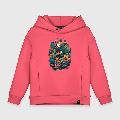 Детское худи оверсайз Туканы и тропические цветы: арт нейросети / Коралловый – фото 1