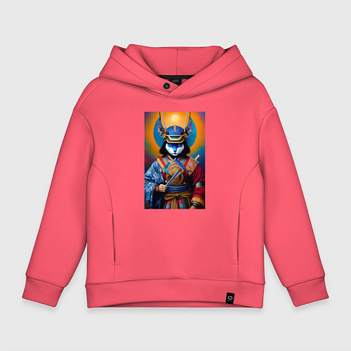 Детское худи оверсайз Кот-самурай - нейросеть / Коралловый – фото 1