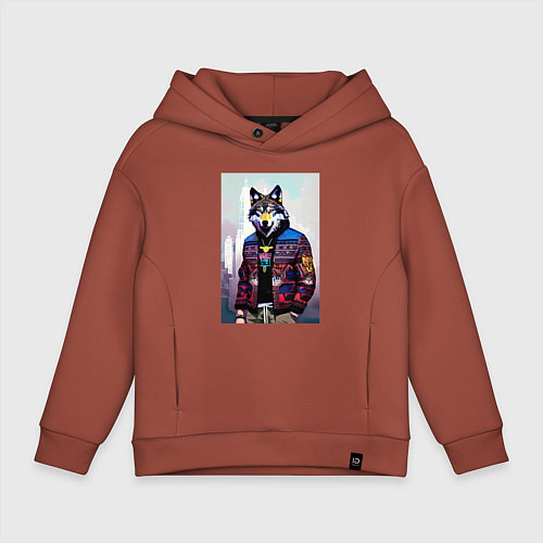 Детское худи оверсайз Модный волчара - житель Нью-Йорка - нейросеть / Кирпичный – фото 1