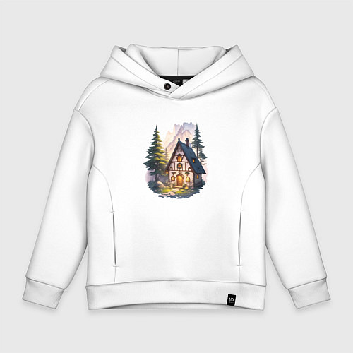Детское худи оверсайз Сказочный домик в лесу в горах / Белый – фото 1
