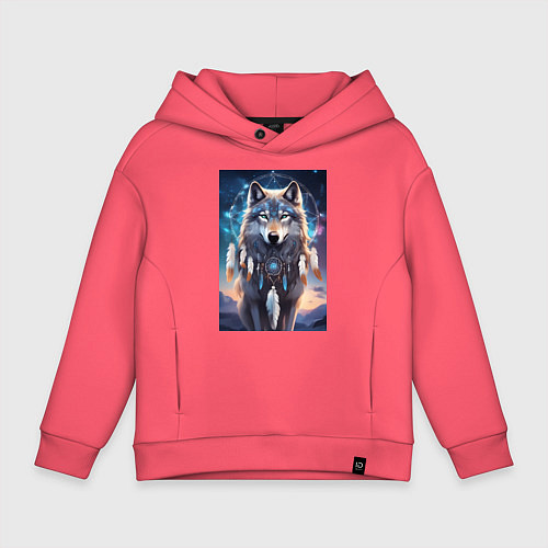 Детское худи оверсайз Шаман волк / Коралловый – фото 1