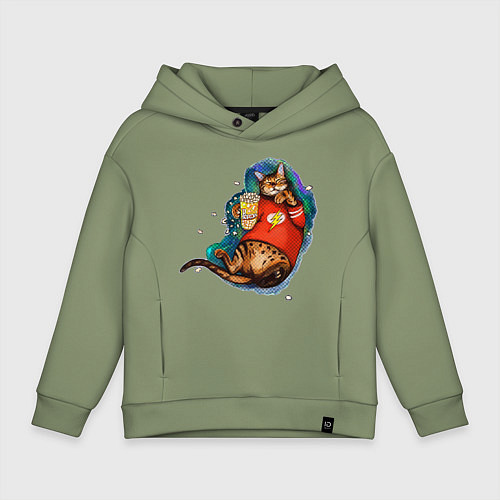 Детское худи оверсайз Ленивый бенгальский кот с попкорном / Авокадо – фото 1