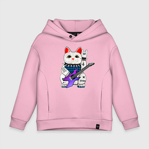 Детское худи оверсайз Японский кот нэко с гитарой / Светло-розовый – фото 1