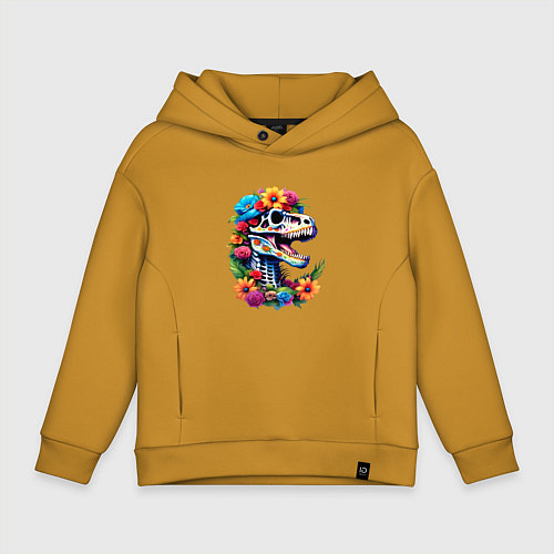 Детское худи оверсайз Череп тираннозавра с яркими цветами, мексиканский / Горчичный – фото 1