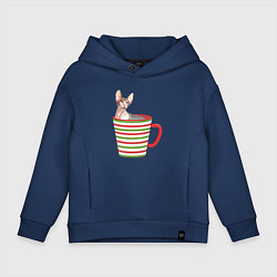 Толстовка оверсайз детская Сфинкс в новогодней полосатой кружке, цвет: тёмно-синий