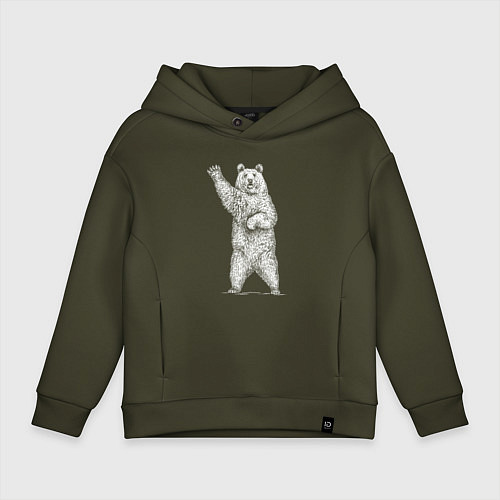 Детское худи оверсайз Медведь стоит и машет / Хаки – фото 1