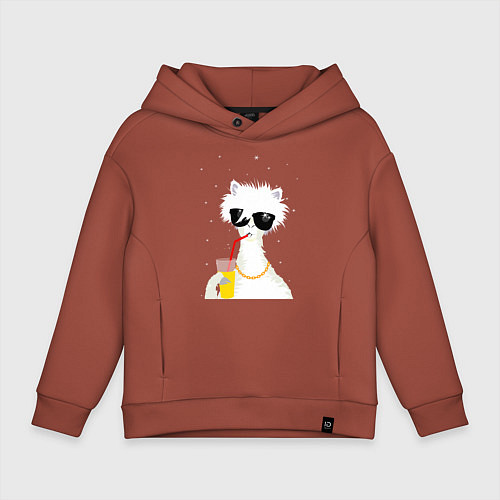 Детское худи оверсайз Лама - альпака с бокалом / Кирпичный – фото 1