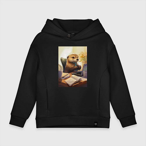 Детское худи оверсайз Выдра с комьютером / Черный – фото 1