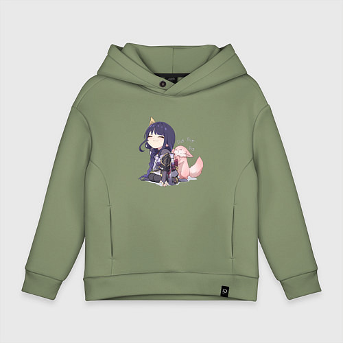 Детское худи оверсайз Шогун Райден и лисичка Мико / Авокадо – фото 1