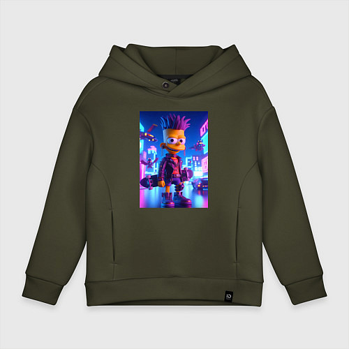 Детское худи оверсайз Bart Simpson with a skateboard - art punk / Хаки – фото 1