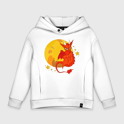 Детское худи оверсайз Красный дракон на фоне луны / Белый – фото 1