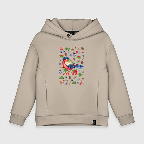 Детское худи оверсайз Снегирь на ветке зимой / Миндальный – фото 1