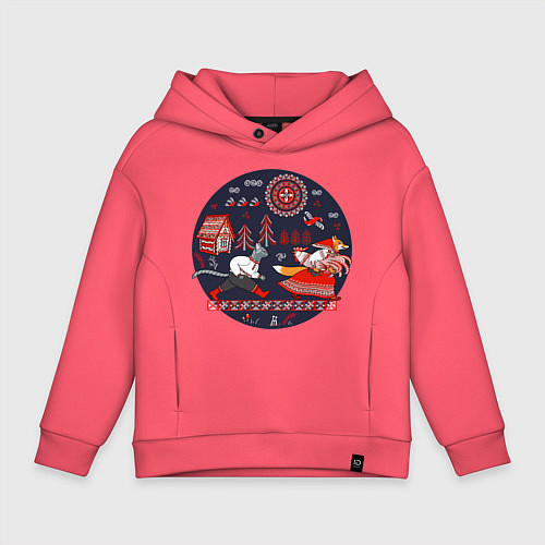 Детское худи оверсайз Кот и лиса из сказки / Коралловый – фото 1