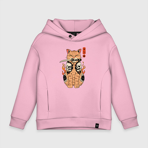 Детское худи оверсайз Огненный кот якудза самурай / Светло-розовый – фото 1