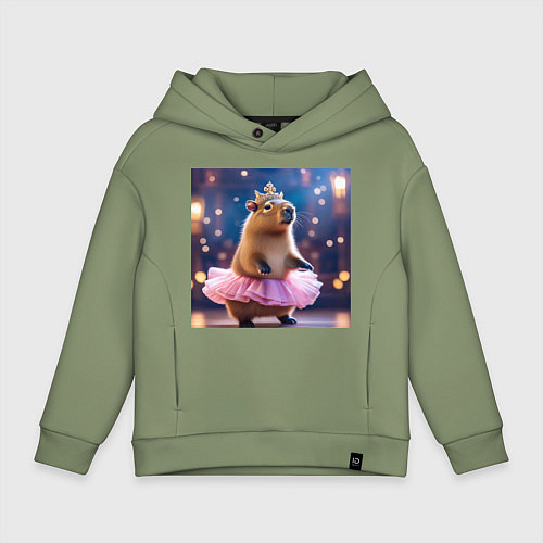 Детское худи оверсайз Мем капибара балерина в розовой юбочке и короне / Авокадо – фото 1