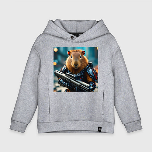Детское худи оверсайз Мем вооруженная капибара и автомат / Меланж – фото 1