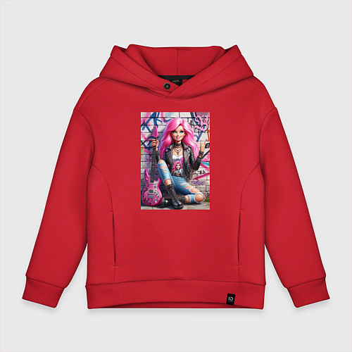 Детское худи оверсайз Барби панк гитарист - нейросеть / Красный – фото 1