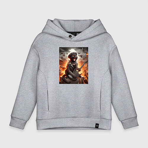 Детское худи оверсайз Чёрный котик играет на гитаре - нейросеть / Меланж – фото 1