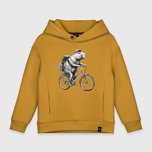 Детское худи оверсайз Капибара на велосипеде в черном цвете / Горчичный – фото 1