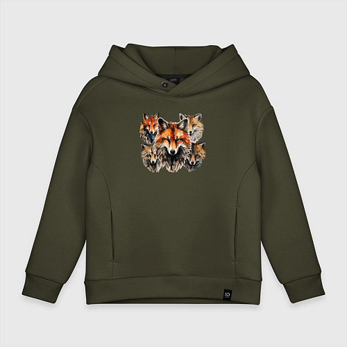 Детское худи оверсайз Акварельные лисы / Хаки – фото 1