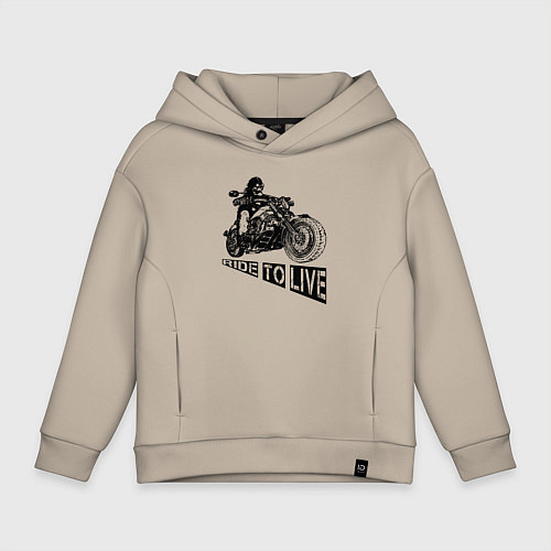 Детское худи оверсайз Байкер на мотоцикле - череп / Миндальный – фото 1
