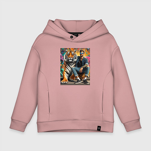 Детское худи оверсайз Чувак хипстер с тигром - нейросеть / Пыльно-розовый – фото 1