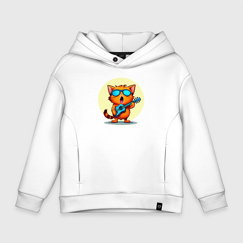 Детское худи оверсайз Рыжий кот с гитарой поет песню / Белый – фото 1