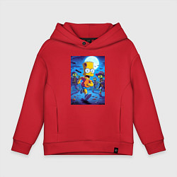 Толстовка оверсайз детская Барт Симпсон убегает от зомби - хэллоуин, цвет: красный