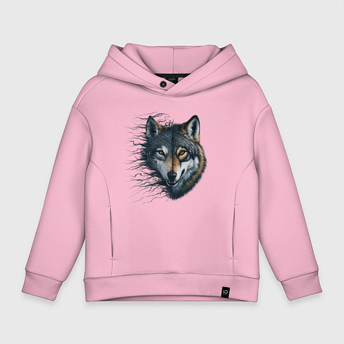 Детское худи оверсайз Голова волка с развивающимися волосами / Светло-розовый – фото 1