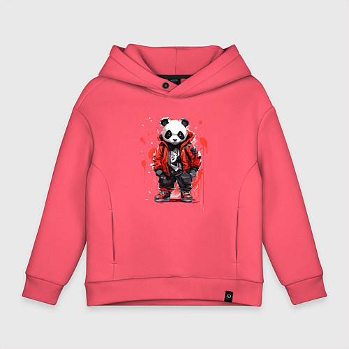 Детское худи оверсайз Модная панда в красной куртке / Коралловый – фото 1