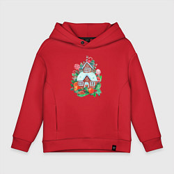 Толстовка оверсайз детская Пряничный домик со сладостями и фруктами, цвет: красный