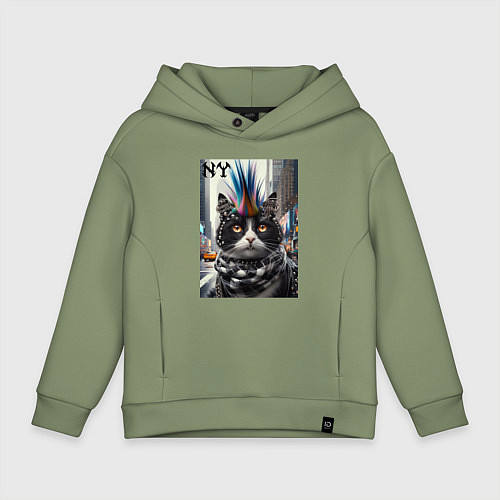 Детское худи оверсайз Кот панк с разноцветным хаером - Нью-Йорк / Авокадо – фото 1
