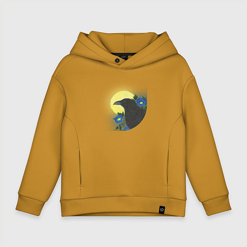 Детское худи оверсайз Чёрный ворон на ветке под луной / Горчичный – фото 1
